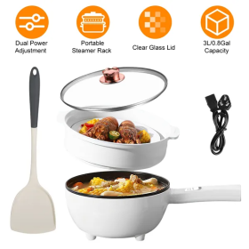 Electric Hot Pot Non-Stick Frying Pan Portable Rapid Noodles Cooker with Long Handle Steamer Spatula Dual Power Control Overheat Dry-Boil Protect (Color: White)