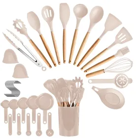 35Pcs Kitchen Cooking Utensils Set Spatula Set Baking Utensil Set Kitchen Accessories Necessities With Holder Egg Whisk Separator Tong Turner Spo (Color: Khaki)